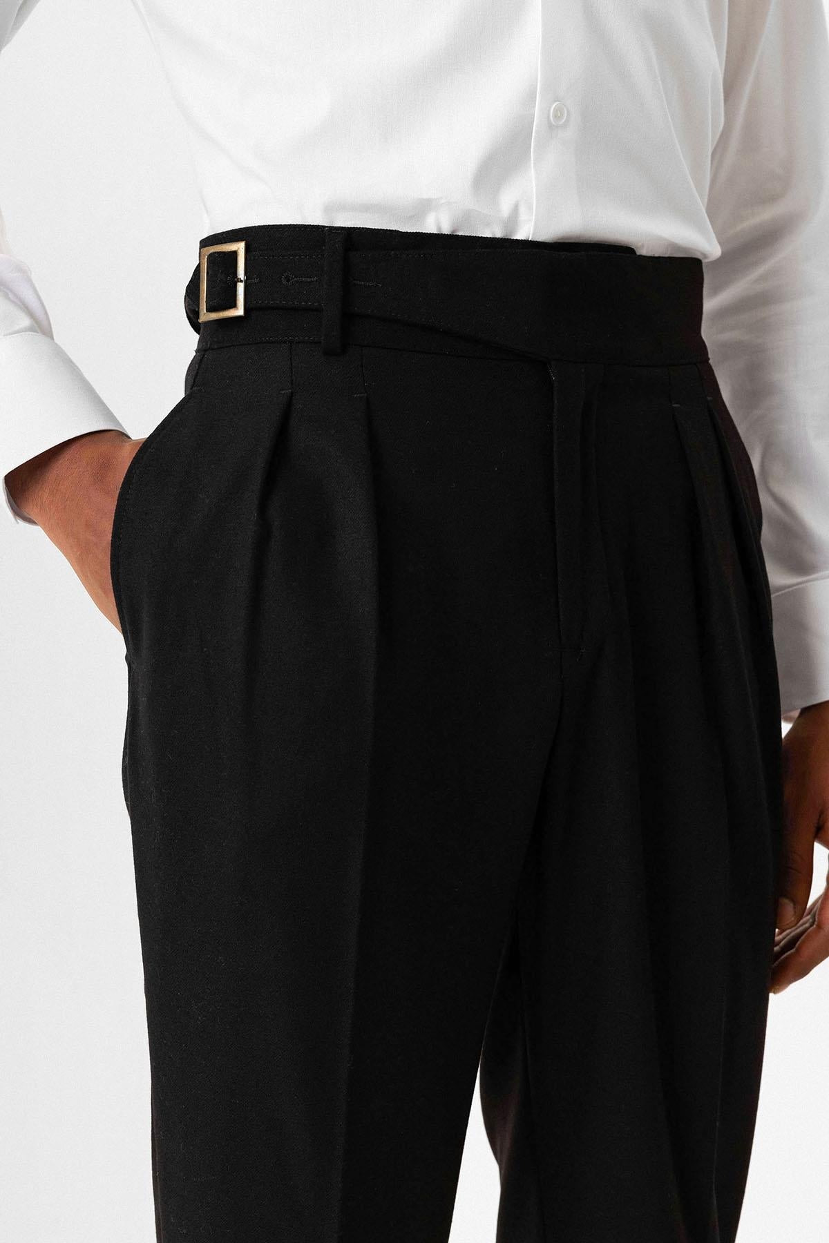 Black Pleated Men's Trousers with Buckle Detail