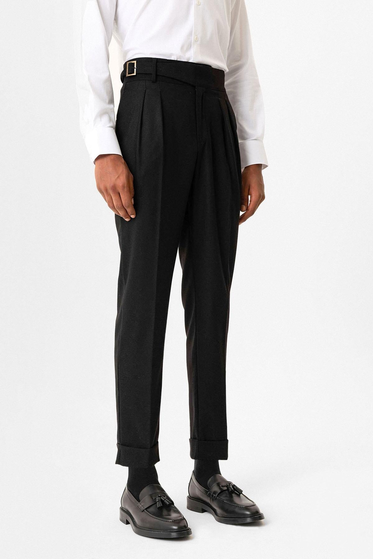 Black Pleated Men's Trousers with Buckle Detail