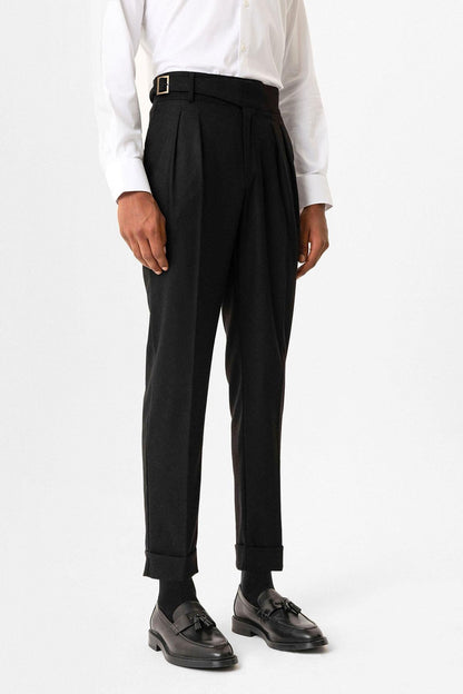 Black Pleated Men's Trousers with Buckle Detail