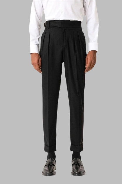Black Pleated Men's Trousers with Buckle Detail