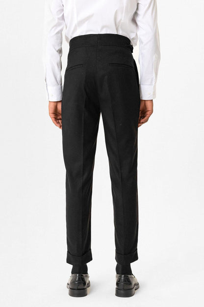 Black Pleated Men's Trousers with Buckle Detail
