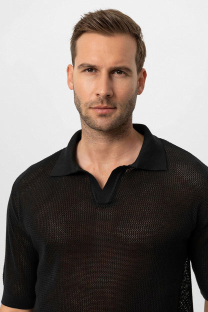 KOALA SYDNEY Men's Black Polo Neck Knit T-Shirt
