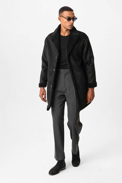 Black Suede-Look Men's Jacket with Lining Detail