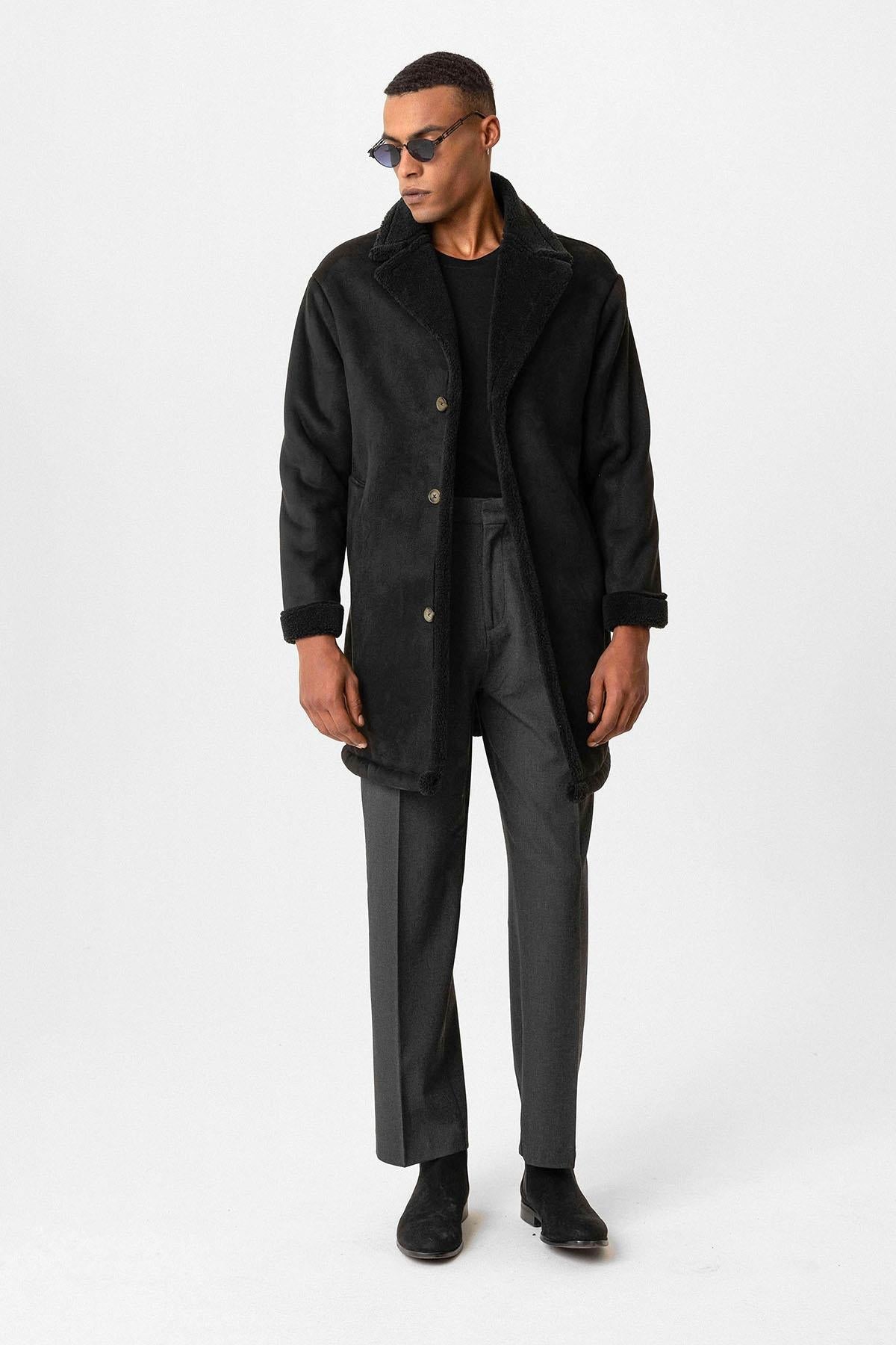 KOALA SYDNEY  Black Suede-Look Men's Jacket with Lining Detail -