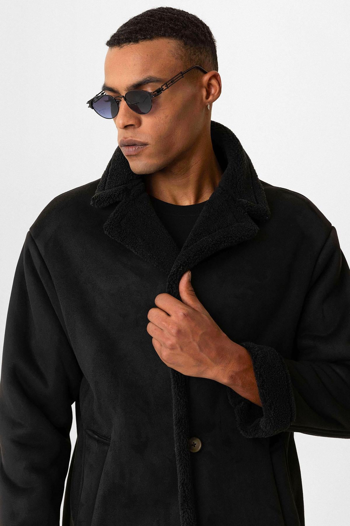 KOALA SYDNEY  Black Suede-Look Men's Jacket with Lining Detail -