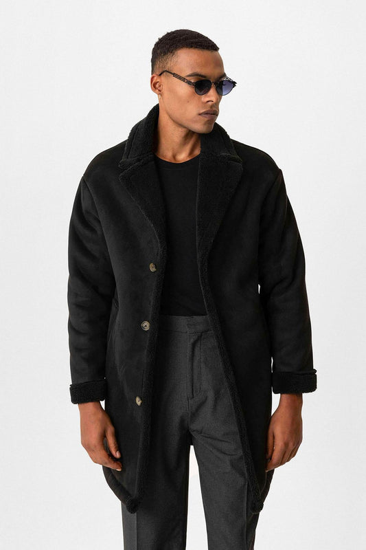 Black Suede-Look Men's Jacket with Lining Detail