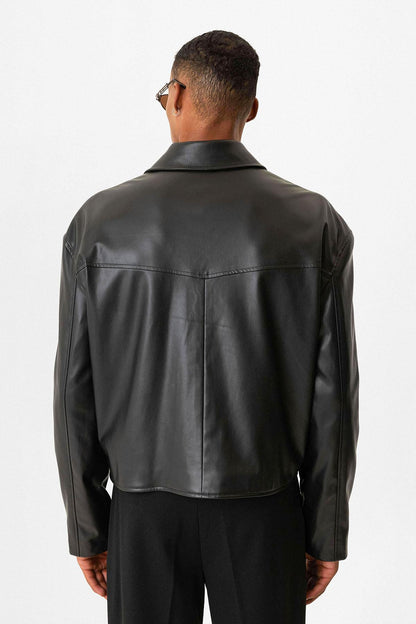 Black Faux Leather Crop Fit Men's Jacket