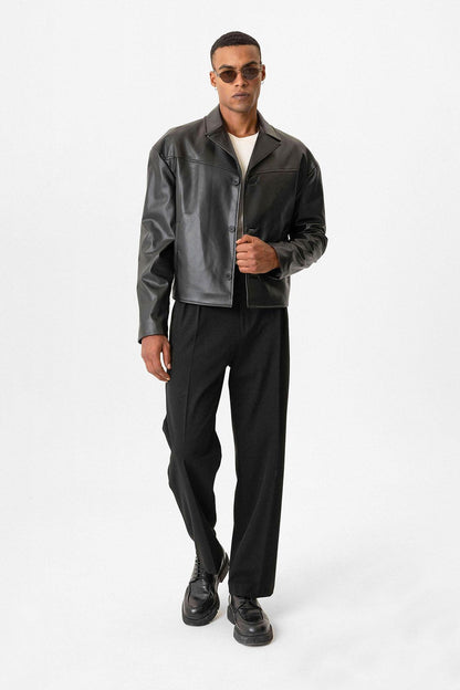 Black Faux Leather Crop Fit Men's Jacket