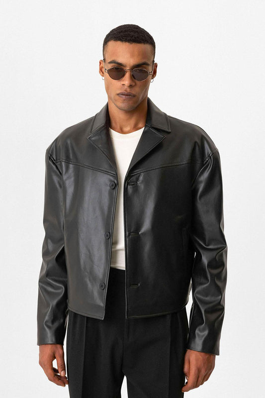 Black Faux Leather Crop Fit Men's Jacket