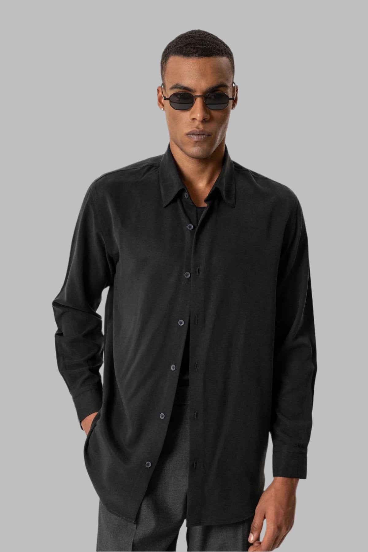 Black Technical Tencel Fabric Men's Shirt
