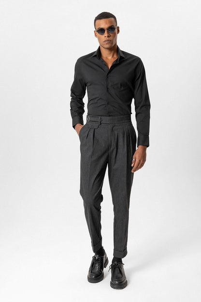 Black High-Waisted Men's Trousers with Buckle Detail