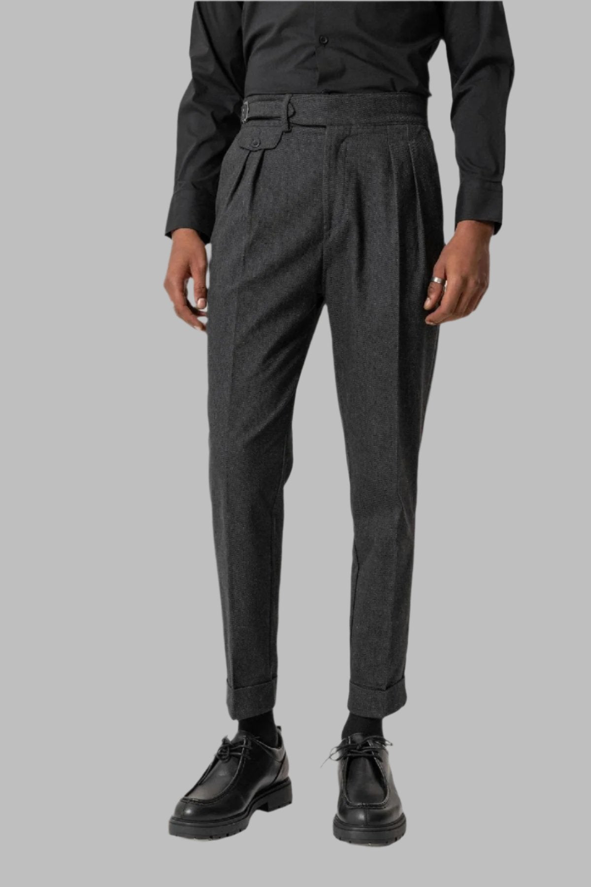 Black High-Waisted Men's Trousers with Buckle Detail