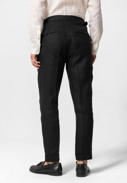 Men's Black High-Waist 100% Linen Pleated Pants