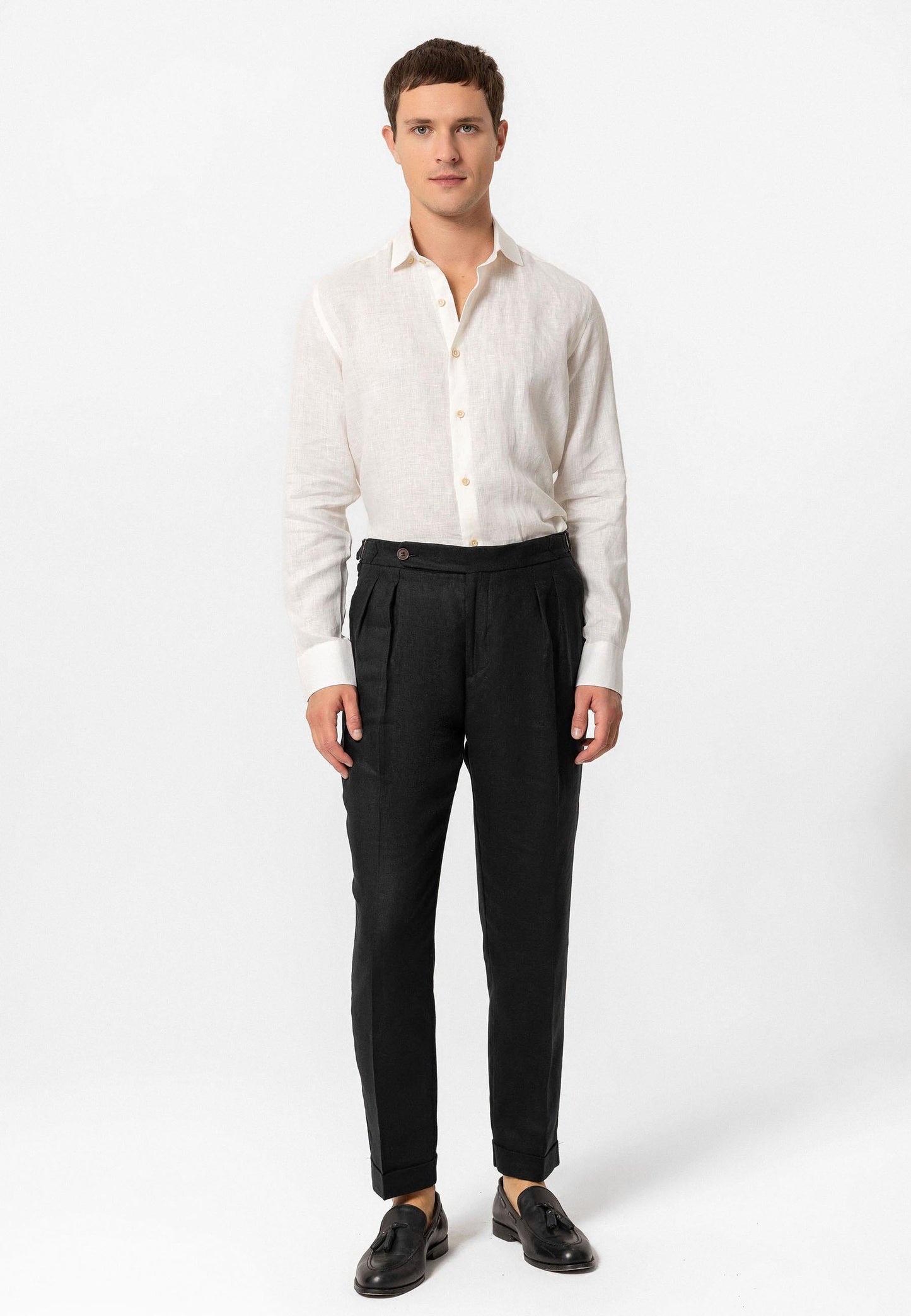 Men's Black High-Waist 100% Linen Pleated Pants