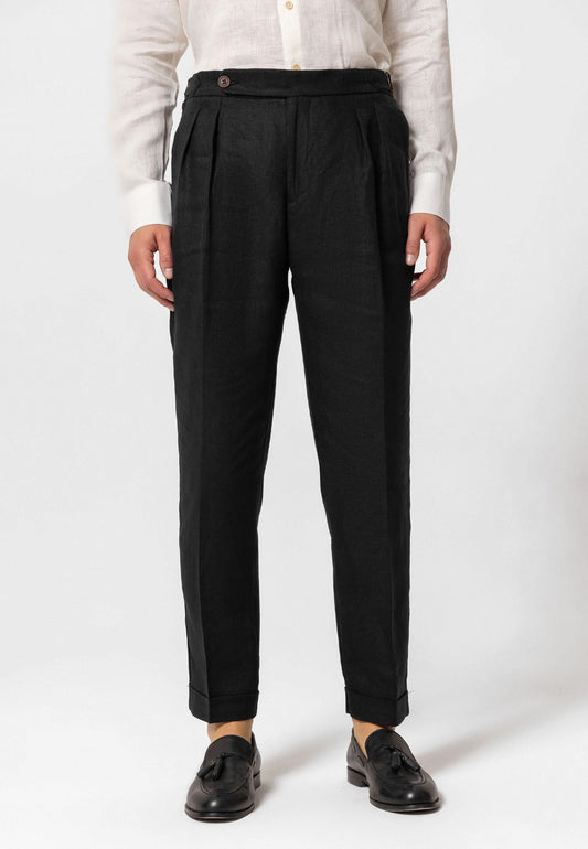 Men's Black High-Waist 100% Linen Pleated Pants