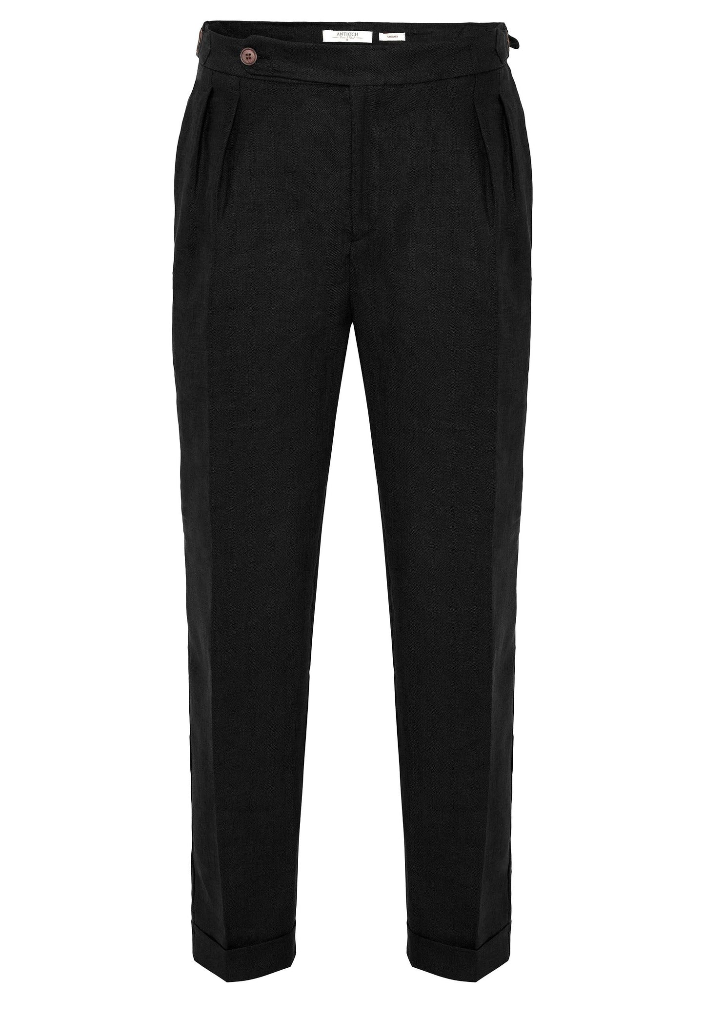 Men's Black High-Waist 100% Linen Pleated Pants -
