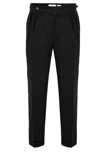 Men's Black High-Waist 100% Linen Pleated Pants
