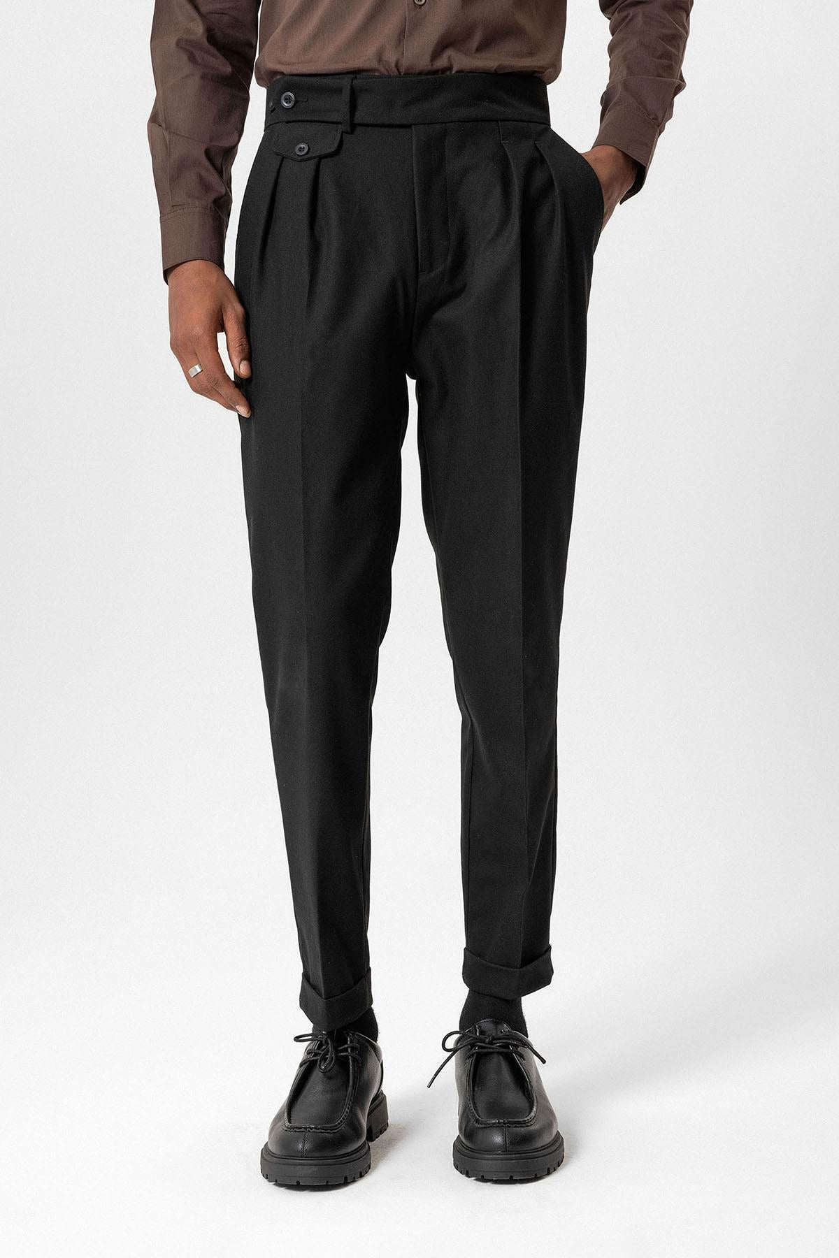 Black High-Waisted Pleated Technical Men's Trousers