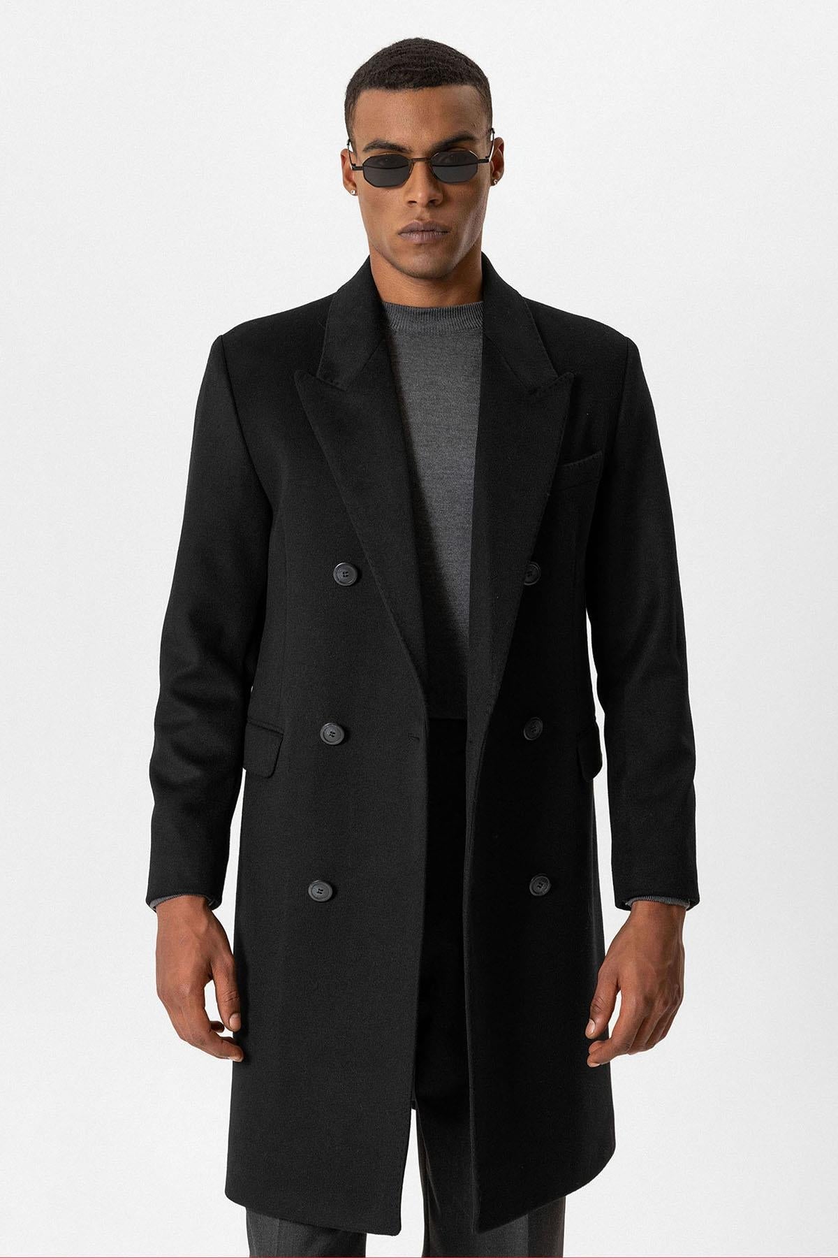 Black Wool-Blend Double-Breasted Men's Coat