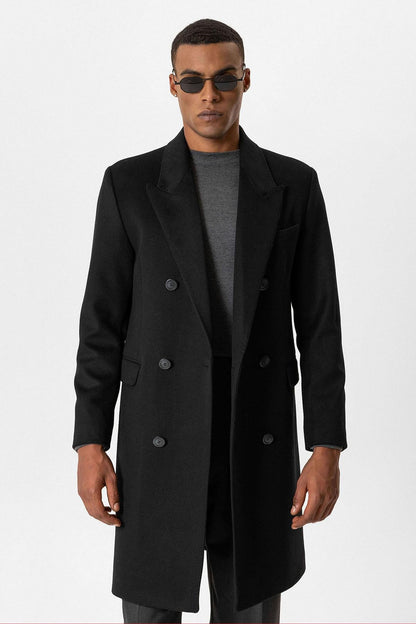 Black Wool-Blend Double-Breasted Men's Coat