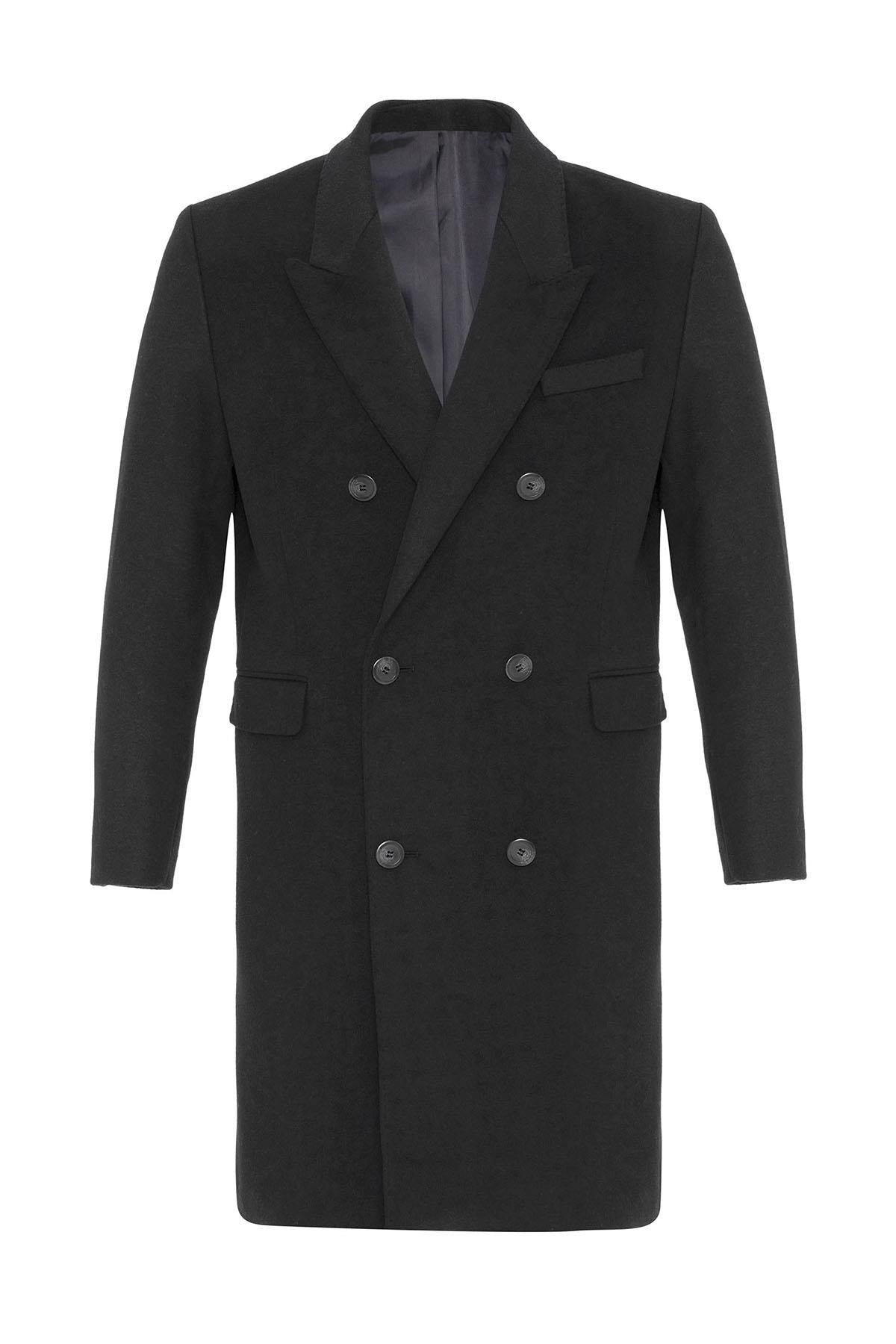 Black Wool-Blend Double-Breasted Men's Coat