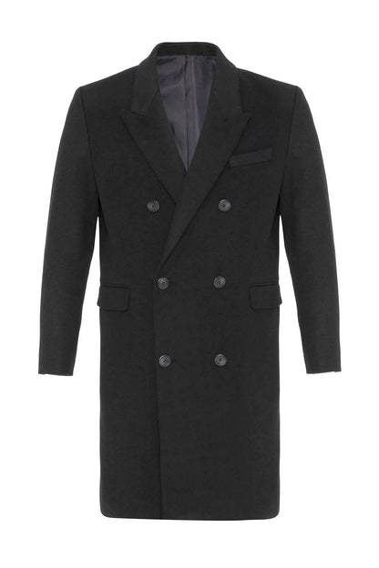Black Wool-Blend Double-Breasted Men's Coat
