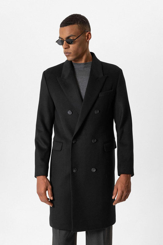 Black Wool-Blend Double-Breasted Men's Coat