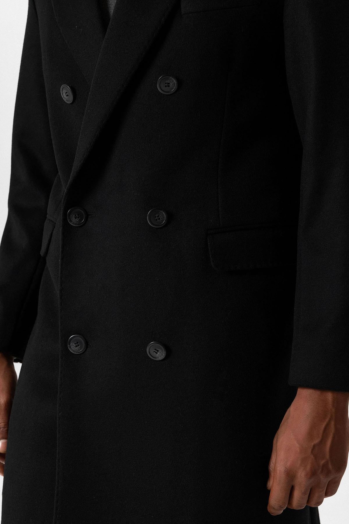 Black Wool-Blend Double-Breasted Men's Coat