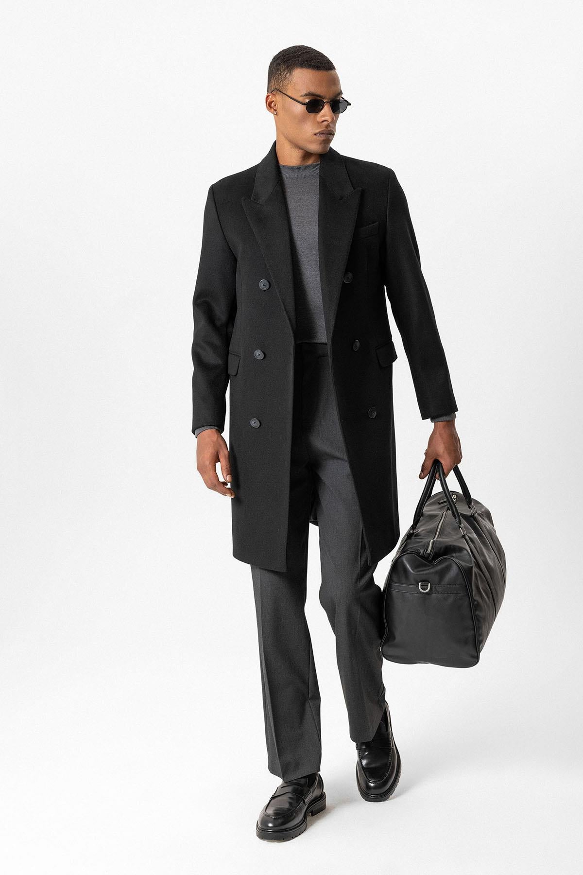 Black Wool-Blend Double-Breasted Men's Coat