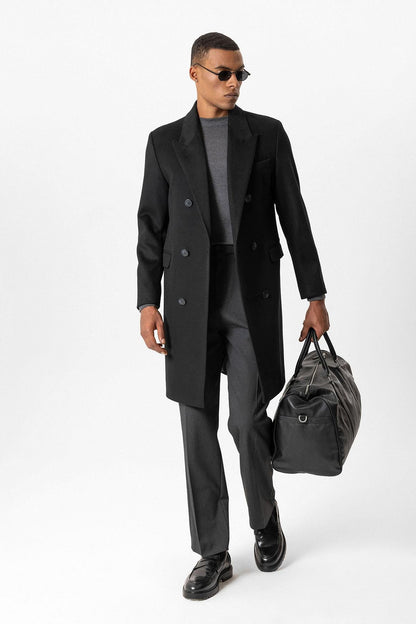 Black Wool-Blend Double-Breasted Men's Coat