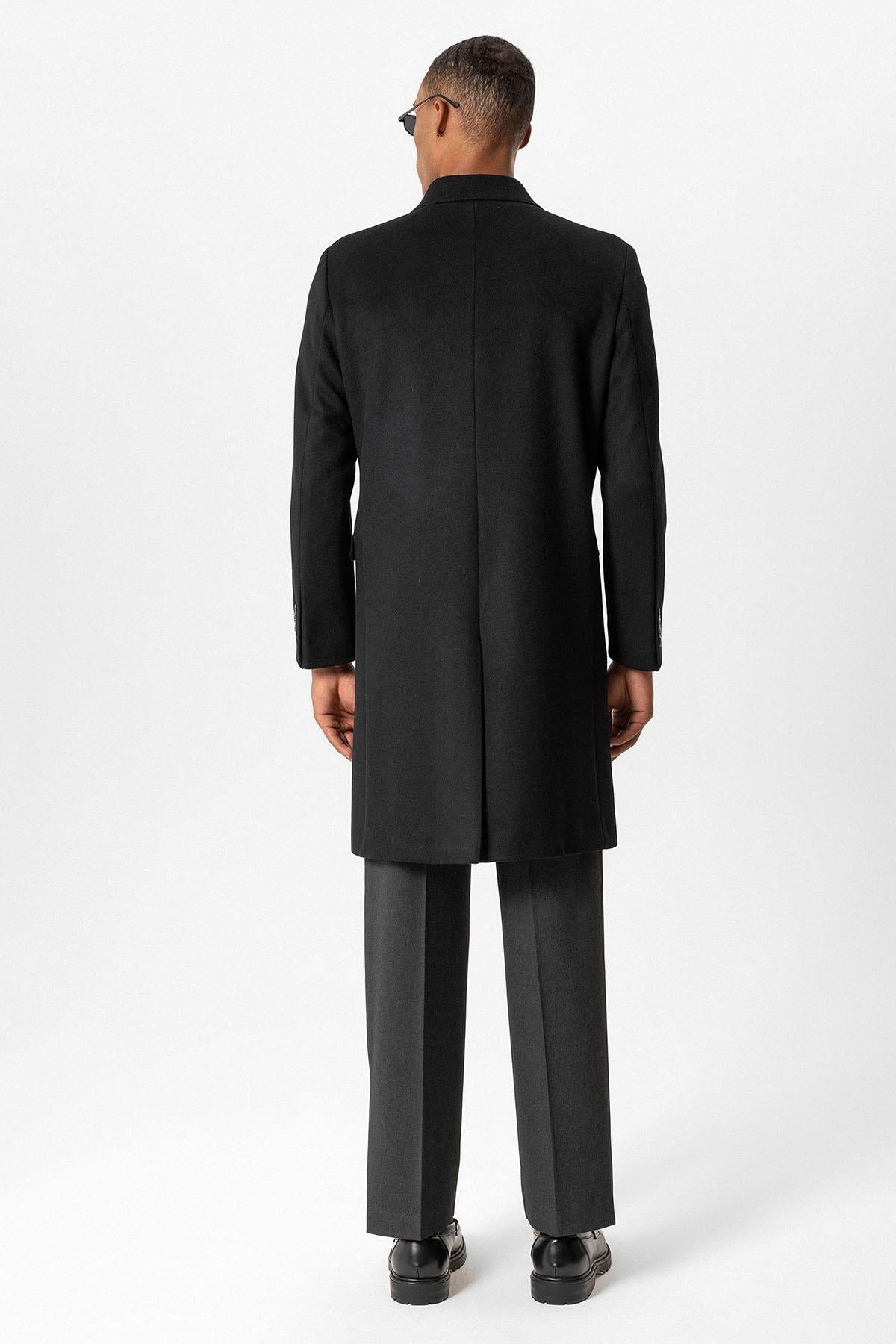 Black Wool-Blend Double-Breasted Men's Coat