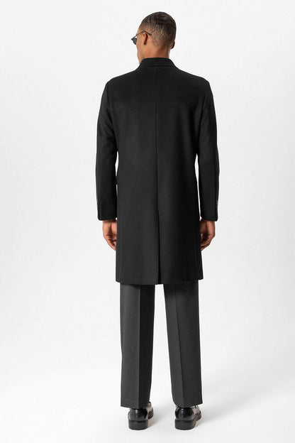 Black Wool-Blend Double-Breasted Men's Coat