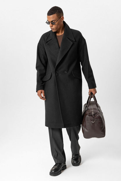 Black Wool-Blend Double-Breasted Men's Coat