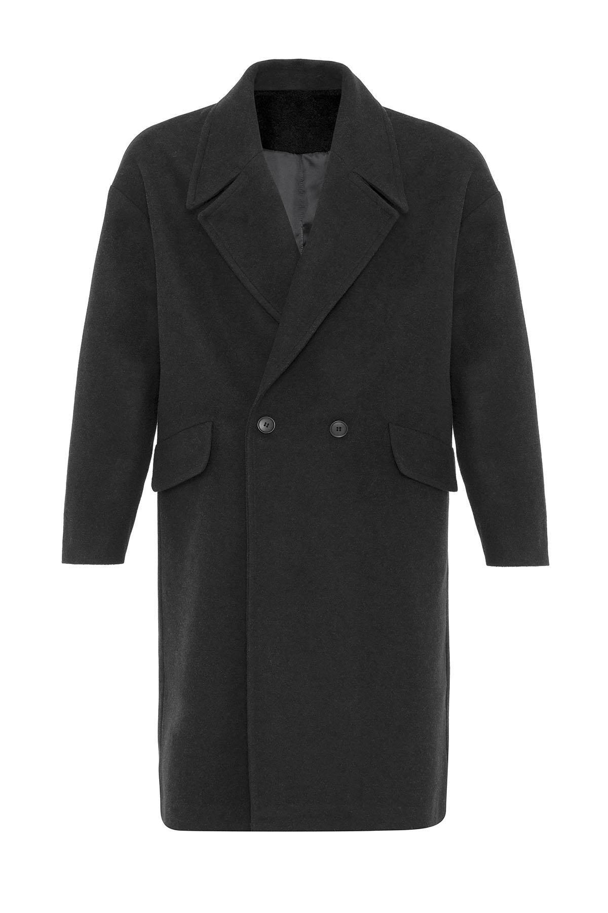 Black Wool-Blend Double-Breasted Men's Coat
