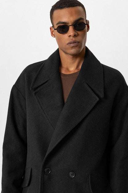 Black Wool-Blend Double-Breasted Men's Coat