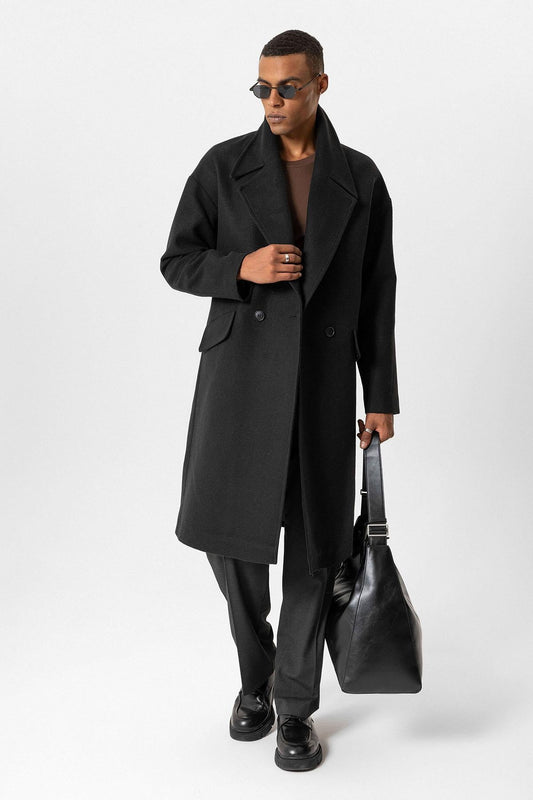Black Wool-Blend Double-Breasted Men's Coat