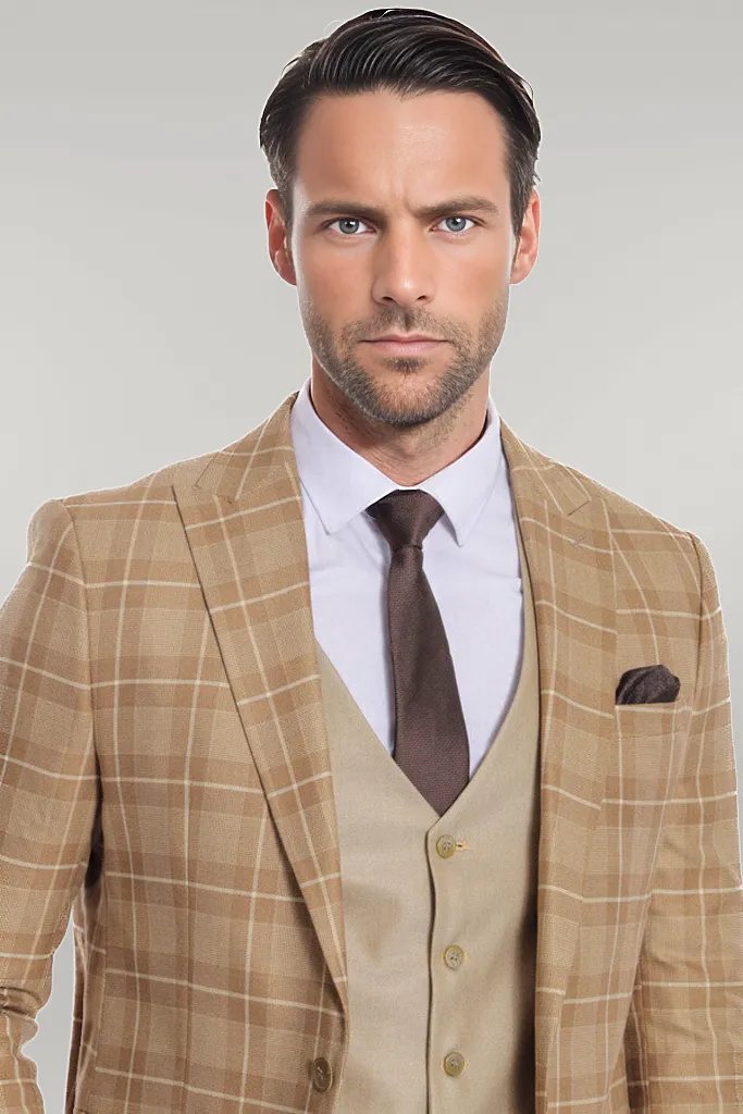 KOALA SYDNEY Slim Fit Checked Beige Men Suit