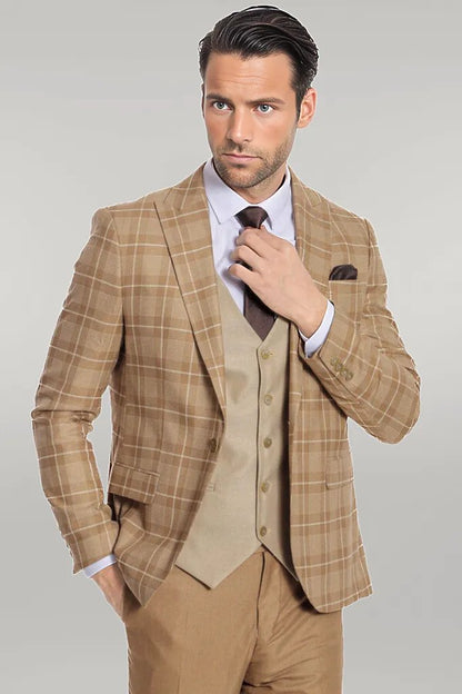 KOALA SYDNEY Slim Fit Checked Beige Men Suit