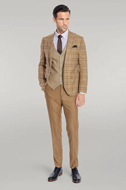 KOALA SYDNEY Slim Fit Checked Beige Men Suit