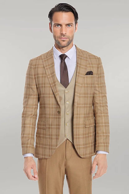 KOALA SYDNEY Slim Fit Checked Beige Men Suit
