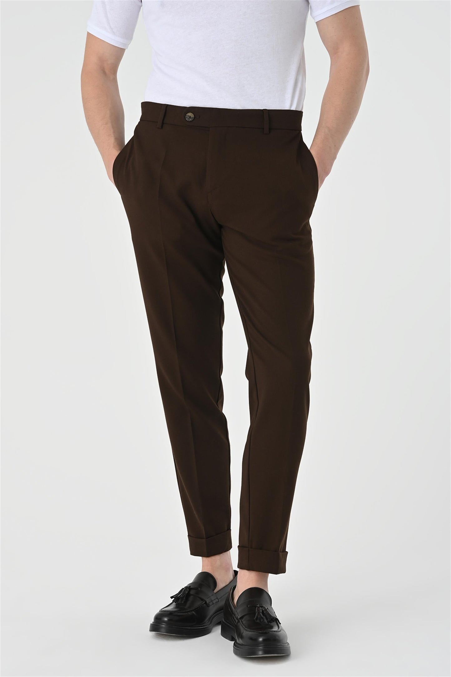 Men's Dark Brown Regular Fit Double Leg Trousers