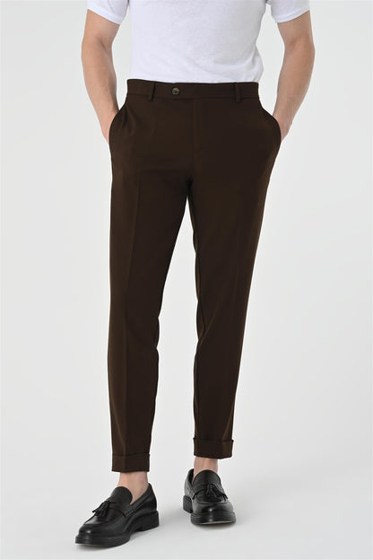 Men's Dark Brown Regular Fit Double Leg Trousers