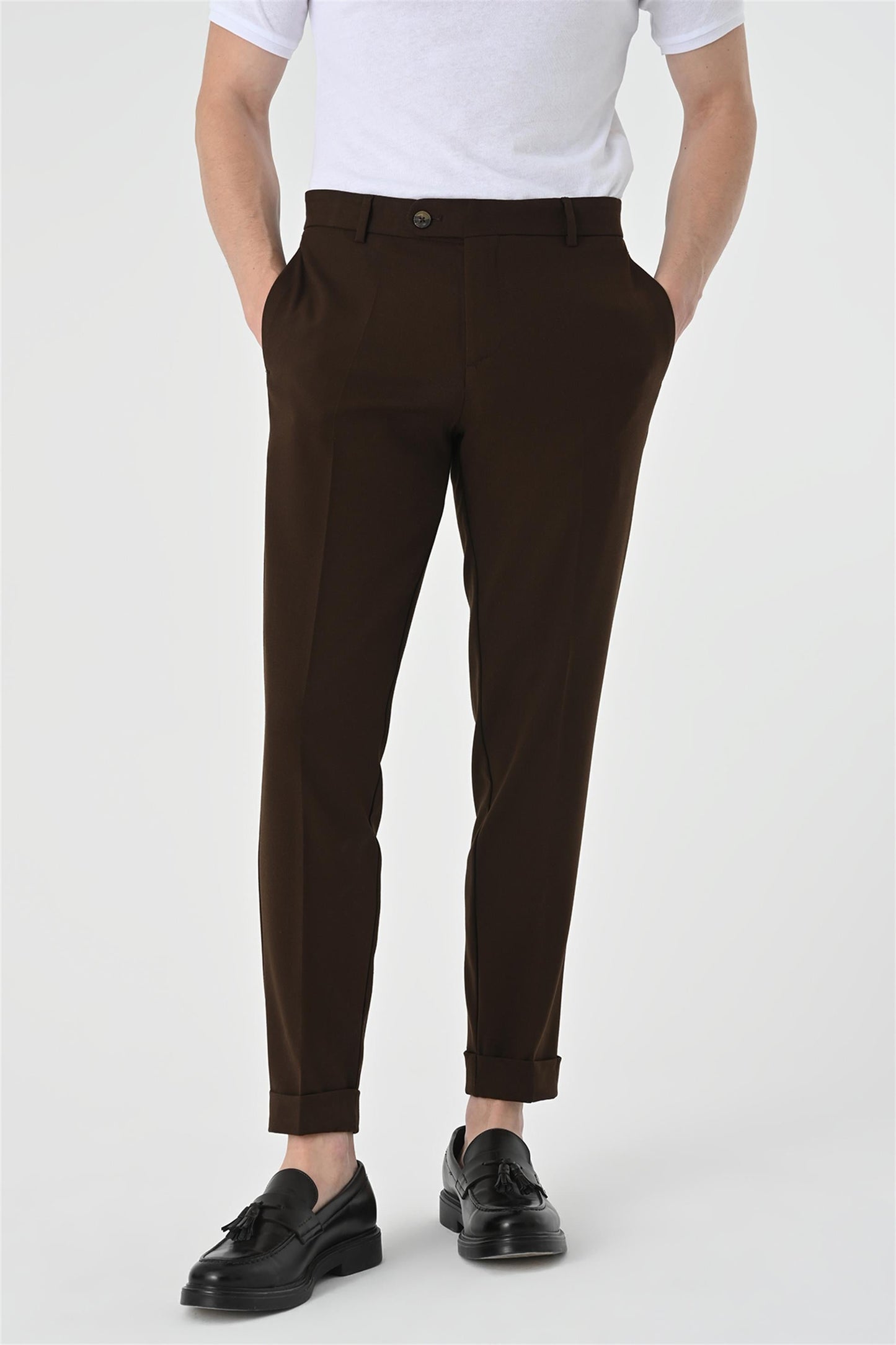 Men's Dark Brown Regular Fit Double Leg Trousers