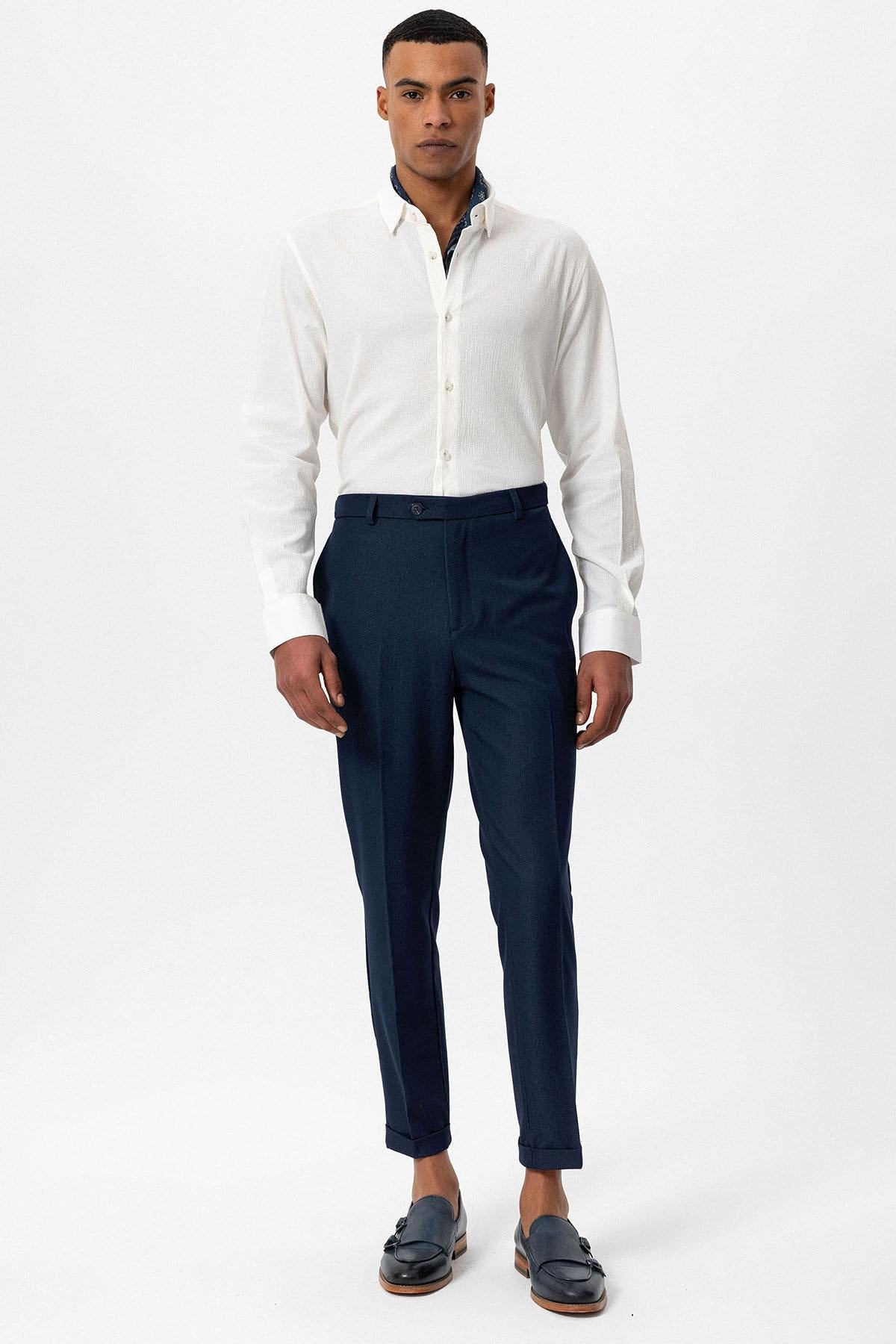 Men's Navy Blue Slim Fit Cuffed Pants