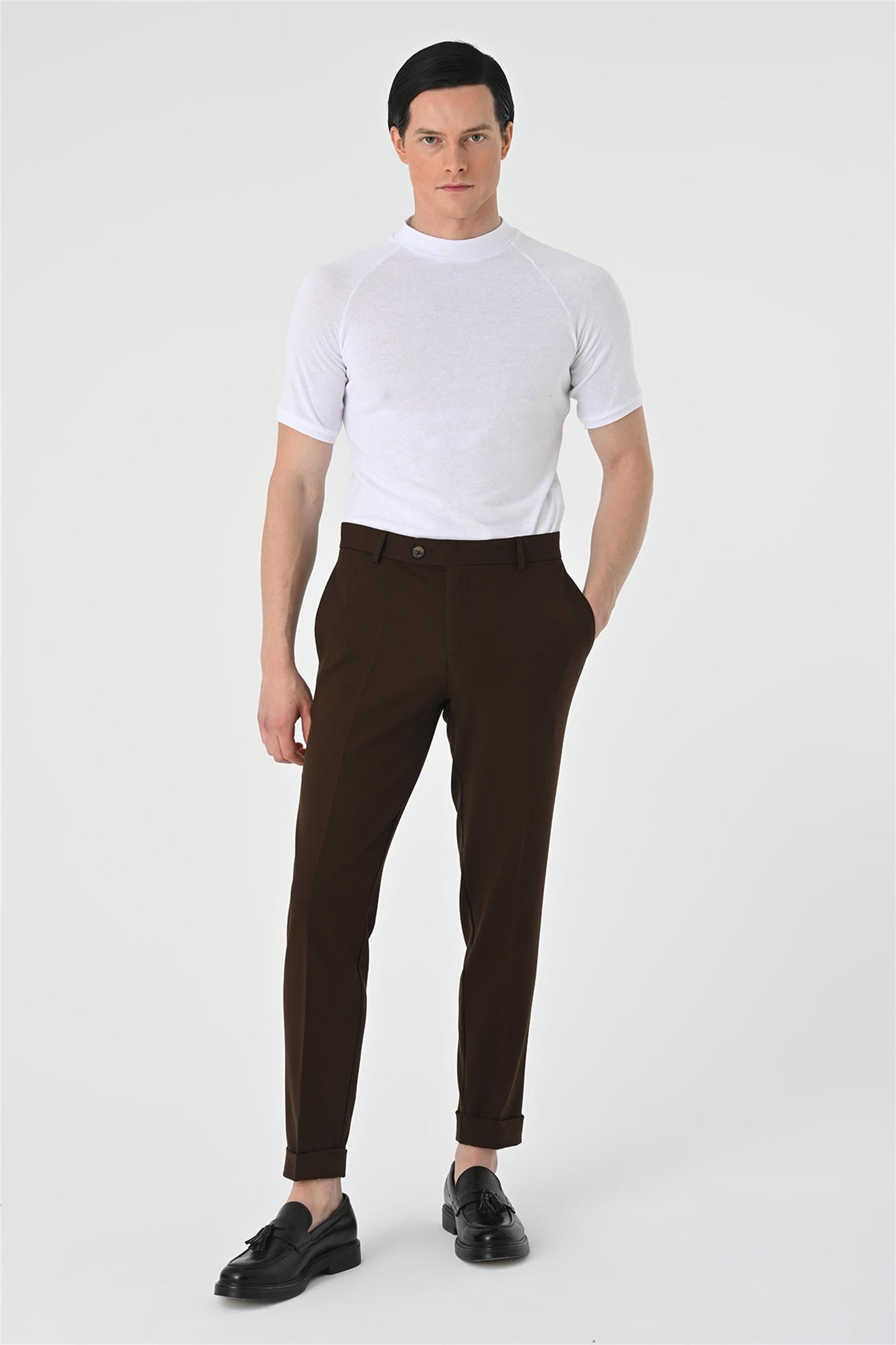 Men's Dark Brown Regular Fit Double Leg Trousers