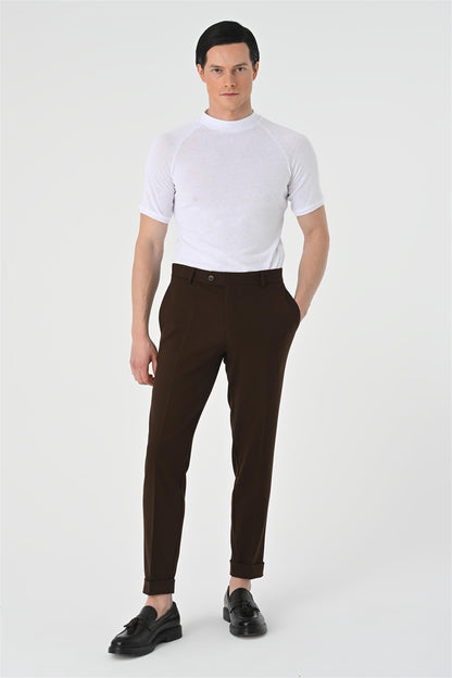 Men's Dark Brown Regular Fit Double Leg Trousers