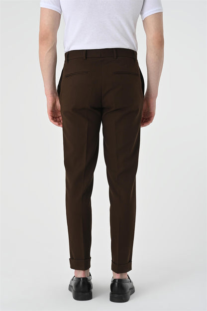 Men's Dark Brown Regular Fit Double Leg Trousers