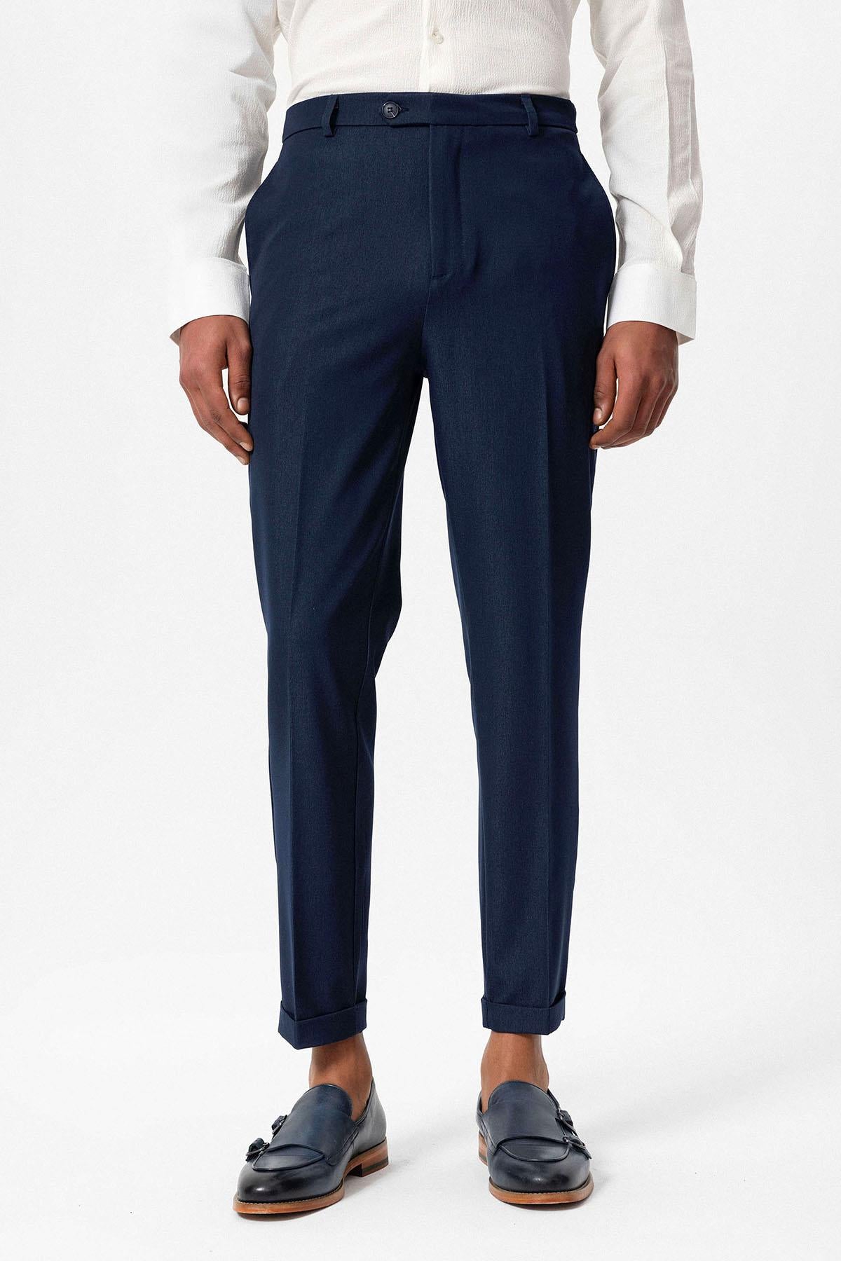 Men's Navy Blue Slim Fit Cuffed Pants