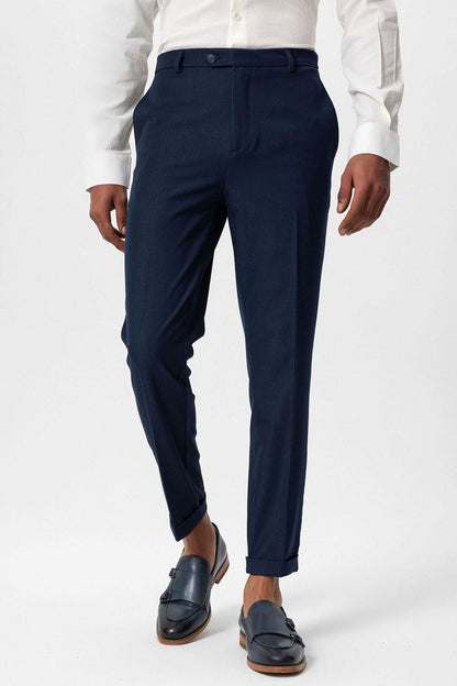 Men's Navy Blue Slim Fit Cuffed Pants