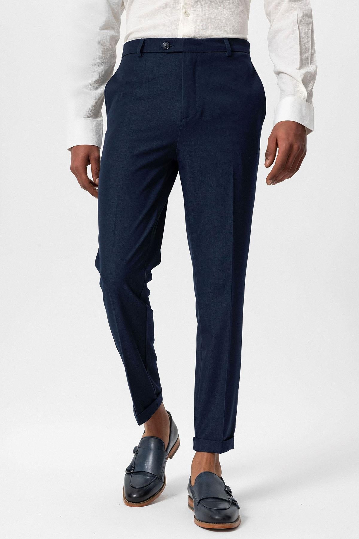 Men's Navy Blue Slim Fit Cuffed Pants